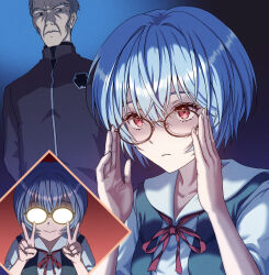  1boy 1girl adjusting_eyewear ayanami_rei black_shirt blue_hair borrowed_accessory closed_mouth commentary_request double_v frown fuyutsuki_kouzou glasses grey_hair hands_up highres looking_at_another looking_at_viewer neon_genesis_evangelion red_eyes school_uniform shirt short_hair short_sleeves smile suspenders tokyo-3_middle_school_uniform upper_body v white_shirt yahha 