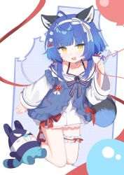  1girl absurdres ahoge animal_ears blue_hair blue_jacket blush blush_stickers bow chromashift collarbone commentary commission dress english_commentary eyelashes fandit_(poko_rakun) fang flower grin hair_bow hair_flower hair_ornament hair_ribbon hairband highres jacket klaius kneeling long_sleeves open_mouth poko_rakun poko_rakun_(2nd_costume) raccoon_ears raccoon_girl raccoon_tail red_bow red_shoes ribbon second-party_source shoes smile tail teeth virtual_youtuber white_bow white_dress white_hairband white_ribbon yellow_eyes 