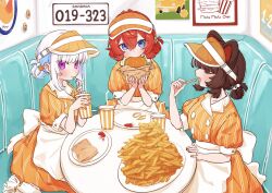  3girls 3znk alternate_costume ange_katrina animal_ears animal_hair_ornament apron back_bow blue_eyes blue_hair blush booth_seating bow brown_hair burger buttons character_hair_ornament closed_eyes colored_inner_hair commentary_request contrast_lapels cup disposable_cup dog_ears double-breasted double_bun dress drinking eating elbow_rest fast_food food food_on_face french_fries gloves group_name hair_between_eyes hair_bun hair_intakes hair_ornament hands_up highres holding holding_burger holding_cup holding_food holding_straw inui_toko lapels license_plate lize_helesta looking_at_viewer mandragora_(ange_katrina) multicolored_hair multiple_girls nijisanji orange_dress plate puffy_short_sleeves puffy_sleeves red_hair sanbaka_(nijisanji) sebastian_piyodore short_sleeves sidelocks sitting striped_clothes striped_dress table too_much_food two-tone_hair unworn_gloves vertical-striped_clothes vertical-striped_dress violet_eyes virtual_youtuber visor_cap waist_apron waitress white_apron white_hair 