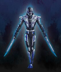  1boy adi_(adivider) armor armored_bodysuit black_bodysuit bodysuit character_mask chou_uchuu_keiji_gavan_infinity combat_helmet commission dual_wielding full_armor full_body gavan_bushido gavarion_blade helmet highres holding holding_sword holding_weapon mask science_fiction silver_armor solo sword tokusatsu weapon 