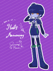  1girl 2024 anniversary artist_name blue_hair blue_skin boots closed_mouth colored_skin commentary_request garter_straps highres indie_virtual_youtuber knee_boots long_sleeves looking_at_viewer narrowed_eyes orange_eyes purple_background short_hair signature simple_background smile solo striped_background sumeragi_yuzuru sumeragi_yuzuru_(artist) tagme thigh-highs virtual_youtuber 