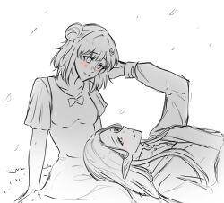  1boy 1girl aloysius_(shining_nikki) blush bow bowtie breasts closed_mouth collarbone collared_shirt commentary couple cowboy dress dress_shirt elf english_commentary falling_petals flower forehead grass greyscale hair_bun hair_flower hair_ornament hand_in_another's_hair happy hetero highres lap_pillow long_hair long_sidelocks looking_at_another lying medium_breasts medium_dress medium_hair monochrome nikki_(series) nonoberry22 on_back on_ground outdoors petals pleated_sleeves pointy_ears pointy_nose shining_nikki shirt short_sleeves sidelocks single_hair_bun sitting smile straight_hair stylist_(nikki) tunic upper_body very_long_hair white_background yokozuwari 