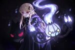  1girl alternate_costume black_dress blonde_hair chandelure commentary dress gengar highres long_dress long_hair maplesights nijisanji nijisanji_en pointy_ears pokemon pokemon_(creature) pomu_rainpuff red_eyes smile solo symbol-only_commentary virtual_youtuber 