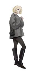  1girl absurdres bag black_boots black_pantyhose blonde_hair blue_eyes blush bob_cut boots from_side full_body grey_sweater hair_between_eyes handbag hands_up highres kimura_731 knee_boots light_smile long_sleeves looking_at_viewer looking_to_the_side nail_polish original own_hands_together pantyhose short_hair shoulder_bag simple_background sleeves_past_wrists smile solo standing steepled_fingers sweater turning_head white_background 