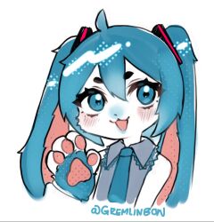  1girl :3 :d ahoge animal_ears animal_hands artist_name blue_eyes blue_hair blue_necktie blush borrowed_design commentary english_commentary furrification furry furry_female gremlinbon grey_shirt hair_between_eyes hatsune_miku highres looking_at_viewer mikusagi_(character) necktie pawpads rabbit_ears rabbit_girl shirt sleeveless sleeveless_shirt smile solo twintails upper_body vocaloid waving 