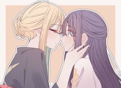  2girls black_hair black_kimono blonde_hair cho_kaguya-hime! closed_eyes closed_mouth commentary green_eyes hashtag-only_commentary imminent_kiss japanese_clothes kaguya_(cho_kaguya-hime!) kimono kousaka_0v0 long_hair multiple_girls outline sakayori_iroha short_hair_with_long_locks untranslatable_commentary white_background white_outline yuri 