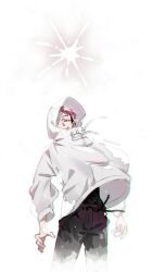  1boy black_hair black_pants brown_eyes closed_mouth commentary_request cropped_legs highres hood hood_up hoodie itadori_yuuji jujutsu_kaisen jujutsu_kaisen_modulo long_sleeves male_focus medium_sideburns multicolored_hair one_eye_covered oshel_357 pants pink_hair sideburns solo two-tone_hair white_background white_hoodie white_theme 