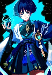  1boy artist_name belt black_border black_bow black_hakama black_shorts black_tank_top blue_background blue_belt blue_cape blue_eyes blue_gem blue_hair blunt_ends border bow bridal_gauntlets bright_pupils cape commentary covered_collarbone cowboy_shot eyeshadow fingernails gem genshin_impact gold_ring gold_trim hair_between_eyes hakama hakama_shorts han'eri hand_up highres japanese_clothes looking_at_viewer lvs7u magic makeup male_focus mandarin_collar missing_headwear open_clothes open_shirt orb outside_border parted_bangs pom_pom_(clothes) red_eyeshadow rope scaramouche_(genshin_impact) shirt short_hair short_sleeves shorts simple_background smile solo sparkle standing tank_top tassel teeth untranslatable_commentary vision_(genshin_impact) wanderer_(genshin_impact) white_pupils white_shirt 