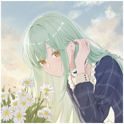  1girl absurdres bang_dream! bang_dream!_it's_mygo!!!!! blue_choker blue_dress border choker closed_mouth commentary_request dated dress flower frilled_choker frills green_hair hair_behind_ear highres kevanescence long_hair long_sleeves looking_at_viewer plaid_clothes plaid_dress sidelocks solo wakaba_mutsumi white_border yellow_eyes 
