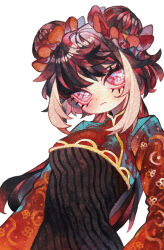  1girl black_dress black_hair commentary_request dress gold_trim hair_ornament hair_scrunchie highres jia_xichun_(project_moon) limbus_company low_twintails mochigome_138 multicolored_hair painting_(medium) pink_eyes project_moon red_shrug ribbed_dress scrunchie shrug_(clothing) sidelocks simple_background solo sparkling_eyes streaked_hair traditional_media twintails watercolor_(medium) white_background white_streaks 