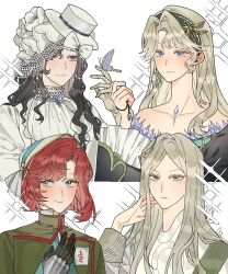  4girls :/ adjusting_hair bare_shoulders beryl_bouanich black_cloak black_hair blonde_hair blue_eyes bug butterfly butterfly_on_hand cape cloak closed_mouth commentary_request crescent crescent_earrings crystal_earrings dragonfly_hair_ornament dress earrings floating_earrings gauntlets gloves green_cape grey_eyes grey_hair hair_over_one_eye hand_up hat highres isolde_(reverse:1999) jewelry korean_commentary looking_at_viewer lorentz_butterfly marsha_(reverse:1999) mismatched_earrings mole mole_under_eye mulkkachi multiple_girls one_eye_covered portrait red_hair reverse:1999 shirt short_hair smile sparkle veil violet_eyes white_background white_dress white_hat white_shirt white_veil yellow_gloves 