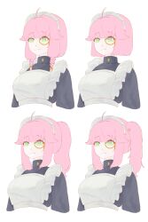 1girl absurdres aivy_lovencraft alternate_hairstyle fanart green_eyes highres indie_virtual_youtuber keptnis long_hair maid monocle pink_hair ponytail short_hair smile vtuber vtuberfanart white_background