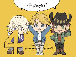  3boys antonio_lopez black_hat black_pants black_shirt blonde_hair blue_eyes blue_jacket boots brown_boots brown_hair brown_shoes chibi chibi_only commentary_request copyright_name countdown_illustration cowboy_hat english_text eyelashes fsz_tb full_body green_eyes green_jacket grey_pants hand_on_own_hip hat highres ivan_karelin jacket jewelry keith_goodman long_sleeves male_focus medium_hair multiple_boys necklace open_clothes open_jacket open_mouth pants purple_jacket shared_speech_bubble shirt shoes short_hair simple_background smile speech_bubble standing teeth tiger_&amp;_bunny upper_teeth_only white_hair white_shirt yellow_background yellow_shoes 