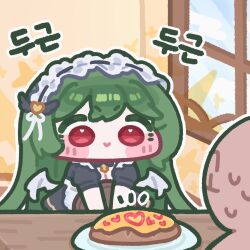  1girl 1other :> apron black_dress blush_stickers chibi chibi_only closed_mouth commentary_request dress food frilled_hairband frills green_hair hairband holding holding_tray indoors joanne_(trickcal) korean_commentary long_hair maid monyami notice_lines omelet omurice outline plate red_eyes short_sleeves smile sweat tray trickcal upper_body v-shaped_eyebrows white_apron white_outline window 