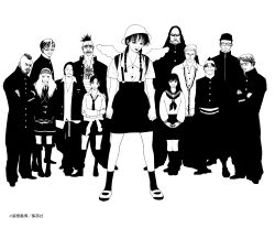  band_(music) beard braid crossed_arms expressionless facial_hair fake_wings full_body gakuran glasses hairband hat highres long_hair looking_at_viewer mohawk monochrome multiple_boys multiple_girls necktie official_art school_uniform serafuku short_hair skirt smile sunglasses suspender_skirt suspenders togashi_yoshihiro togawa_jun twin_braids vampillia wings 