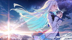  1girl bird blue_hair blunt_bangs blush branch breasts buttons clouds cloudy_sky colored_inner_hair commentary_request cowboy_shot dated english_text floating_hair frilled_skirt frilled_sleeves frills from_side hair_ornament hands_up highres kuro-kun_(nablack) lens_flare lize_helesta long_hair long_sleeves mandarin_collar mountain multicolored_hair music nijisanji nijisanji_idol_uniform open_mouth popped_collar shirt singing skirt sky smile snow solo standing star_(sky) straight_hair streaked_hair sunlight sunrise triangle_hair_ornament two-tone_hair upper_body violet_eyes virtual_youtuber white_hair wind yellow_bird 