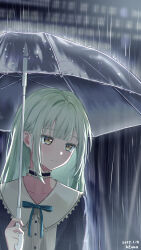 1girl absurdres bang_dream! bang_dream!_it's_mygo!!!!! black_choker blue_dress choker closed_mouth commentary crying crying_with_eyes_open dress frilled_choker frills green_hair highres holding holding_umbrella kevanescence long_hair plaid_clothes plaid_dress rain sidelocks solo tears transparent transparent_umbrella umbrella upper_body wakaba_mutsumi yellow_eyes 