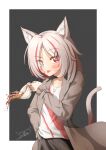  1girl :p animal_ear_fluff animal_ears black_collar black_skirt brown_jacket cat_ears cat_girl cat_tail collar cup fang grey_eyes grey_hair hanamiduki25 hand_on_own_hip heterochromia highres jacket jewelry long_sleeves looking_at_viewer medium_hair multicolored_hair multiple_rings necklace open_clothes open_jacket original pendant red_eyes red_shirt redhead ring shirt signature skin_fang skirt spill spilling tail tea teacup tongue tongue_out two-tone_shirt white_hair white_shirt 