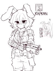  2girls ? alternate_costume animal_ears bandaged_arm bandages breasts carrot carrot_necklace chest_sarashi closed_mouth collared_shirt dog_tags fingerless_gloves gloves greyscale gun hair_between_eyes highres holding holding_gun holding_weapon inaba_tewi jacket jewelry laser looking_at_viewer medium_breasts medium_hair monochrome multiple_girls necklace necktie open_mouth pants pendant rabbit_ears rabbit_girl rampa93 reisen_udongein_inaba sarashi shirt touhou trigger_discipline weapon weapon_request 