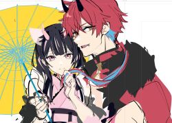  2boys animal_ears black_hair cho_kaguya-hime! commentary_request crossdressing crossdressing_(mtf) holding holding_umbrella horns japanese_clothes kimono komazawa_noi long_hair mikado_akira_(cho_kaguya-hime!) multicolored_hair multiple_boys open_mouth pink_eyes red_hair ruwhdlqqti433 simple_background smile tiger_ears trap umbrella white_background yellow_eyes 