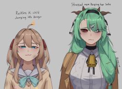  2girls :3 ahoge animal_ears animal_print aqua_collar asymmetrical_bangs bags_under_eyes bangs_pinned_back bell black_choker black_eyeshadow black_hairband black_ribbon black_sclera blue_sailor_collar blunt_bangs brown_coat brown_hair burning_hair cardigan center_frills choker coat collar collared_shirt colored_sclera commentary cow_ears cow_horns cow_print crelly crelly_(crelly_3.0) double-parted_bangs dummyusagi eyeshadow fang frills green_hair grey_background hair_between_eyes hair_intakes hair_ornament hair_over_shoulder hair_ribbon hairband heart heart_hair_ornament heterochromia highres horns indie_virtual_youtuber lace-trimmed_shirt_collar long_hair looking_at_viewer low-tied_long_hair makeup multiple_girls neck_bell neck_ribbon neuro-sama off-shoulder_cardigan raised_eyebrows red_eyes red_ribbon ribbon sailor_collar shirt simple_background skin_fang smug twitter_username two_side_up upper_body vedal_ai virtual_youtuber white_shirt worried x_hair_ornament yellow_cardigan 