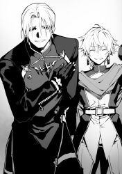  2boys belt bowing butler_bowing closed_eyes commentary_request earrings gloves greyscale jewelry leopool_venetim long_sleeves looking_at_viewer mephisto_(angraecum) mole mole_under_eye monochrome multiple_boys nervous_smile novel_illustration official_art parted_bangs parted_lips rhyno_(yuushakei_ni_shosu) short_hair simple_background smile sweatdrop yuushakei_ni_shosu 