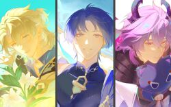  3boys absurdres albedo_(genshin_impact) animal animal_ears animalization aqua_eyes black_border black_hood black_tank_top blonde_hair blue_background blue_cape blue_eyes blue_hair blue_hat blue_shirt blunt_ends border braid bright_pupils cape cat cat_ears cat_tail closed_mouth dragon_boy dragon_horns dragon_wings durin_(genshin_impact) eyeshadow floating_hair flower genshin_impact hair_between_eyes han'eri hashtag-only_commentary hat highres holding holding_animal hood hoodie horns hug jacket jingasa leaf lips looking_at_viewer makeup male_focus mandarin_collar mchii0 multiple_boys open_clothes open_hoodie open_shirt person_and_animalization purple_fur purple_hair red_eyes red_eyeshadow scar scaramouche_(cat)_(genshin_impact) scaramouche_(genshin_impact) shirt short_hair sidelocks simple_background single_braid smile tail tank_top teeth upper_body violet_eyes wanderer_(genshin_impact) white_background white_flower white_hoodie white_jacket white_pupils white_shirt wings 