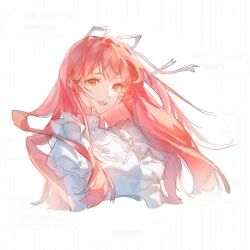  1girl artist_request brown_eyes buttons chinese_commentary commentary_request commission cropped_torso dot_nose dress eyelashes floating_hair frilled_dress frills hair_ribbon happy highres juliet_sleeves long_hair long_sidelocks long_sleeves loose_hair_strand nikki_(blooming_wishes)_(nikki) nikki_(nikki) nikki_(series) open_mouth pink_hair puffy_sleeves ribbon sample_watermark second-party_source shirt shirt_under_dress sidelocks simple_background smile solo teeth too_many_watermarks turtleneck turtleneck_shirt upper_teeth_only very_long_hair watermark watermark_grid white_background white_dress white_ribbon white_shirt 