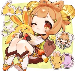  1girl :d ;3 ^_^ animalization bell blunt_bangs blush boots border bow brown_hair cat chibi closed_eyes closed_mouth commentary_request dot_nose full_body fur-trimmed_boots fur_trim genshin_impact green_background green_shirt hair_bell hair_ornament highres long_sleeves looking_at_viewer multiple_views one_eye_closed oooma_155 orange_eyes outline outside_border qiqi_(genshin_impact) rabbit red_bow shirt short_hair shorts simple_background sleeve_bow smile thick_eyebrows white_boots white_border white_outline white_shorts yaoyao_(genshin_impact) yuegui_(genshin_impact) 