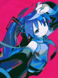  1girl black_skirt black_sleeves blue_eyes blue_hair detached_sleeves grey_shirt hatsune_miku headphones headset highres long_hair morizo_(morizoshop) necktie red_background shirt skirt sleeveless sleeveless_shirt solo twintails vocaloid 