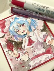  1girl art_tools_in_frame ascot bat_wings blue_hair breasts brooch center_frills collared_shirt commentary fang frills hat hat_ribbon jewelry looking_at_viewer marker_(medium) medium_hair mob_cap neruko_(piano00324) open_mouth photo_(medium) pink_hat pink_shirt pink_skirt pointy_ears red_ascot red_eyes remilia_scarlet ribbon shirt skirt small_breasts smile solo touhou traditional_media wings wrist_cuffs 