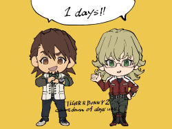 2boys barnaby_brooks_jr. belt black_belt black_boots black_necktie black_pants black_shoes blonde_hair boots brown_eyes brown_hair chibi chibi_only collared_shirt commentary_request copyright_name countdown_illustration english_text eyelashes fsz_tb full_body glasses green_eyes green_shirt grey_pants hand_on_own_hip highres jacket kaburagi_t._kotetsu long_sleeves male_focus medium_hair multiple_boys necktie open_mouth pants red_jacket shared_speech_bubble shirt shoes simple_background smile speech_bubble standing tiger_&amp;_bunny vest watch watch white_vest yellow_background 