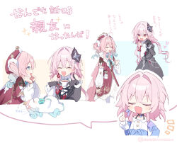  1other 3girls absurdres black_choker black_dress black_flower black_gloves blue_jacket bra_strap chibi choker commentary cup dress earrings evernight_(honkai:_star_rail) flower gloves gradient_hair green_hair hair_ornament hairclip highres holding holding_cup honkai:_star_rail honkai_(series) hyacine_(honkai:_star_rail) jacket jewelry little_ica_(honkai:_star_rail) long_hair long_sleeves march_7th_(honkai:_star_rail) march_7th_(preservation)_(honkai:_star_rail) multicolored_hair multiple_girls official_alternate_costume official_alternate_design official_alternate_hair_length official_alternate_hairstyle parallel_hairclips pink_hair red_eyes red_flower shirt single_bare_shoulder single_earring teacup tied_jacket translation_request twitter_username uwasewau white_shirt zzz 