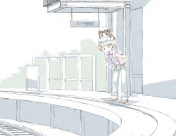  1boy 1girl brown_eyes brown_hair carrying child doujima_nanako flip-flops full_body grey_pants hair_ornament hairclip hanamura_yousuke hands_on_another's_legs highres holding holding_sign kkyagdoyo164972 long_hair looking_to_the_side pants persona persona_4 pink_shirt sandals shirt short_hair short_sleeves shoulder_carry sign standing train_station train_station_platform translation_request 