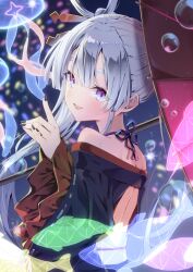  1girl backless_kimono black_nails blue_kimono cho_kaguya-hime! choro_tofu commentary_request fox_shadow_puppet gradient_eyes hair_rings highres holding holding_umbrella japanese_clothes jellyfish kimono long_hair long_sleeves multicolored_eyes nail_polish off_shoulder open_mouth red_umbrella runami_yachiyo solo twintails umbrella violet_eyes white_hair 