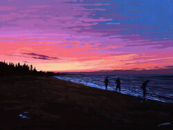  3others ambiguous_gender beach chinese_commentary colorful commentary_request fangpeii highres horizon landscape multicolored_sky multiple_others ocean original outdoors scenery signature silhouette sky twilight wide_shot 