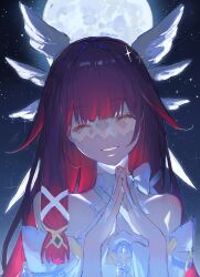  1girl bare_shoulders black_hair bow closed_eyes columbina_(genshin_impact) dress eye_mask facing_viewer full_moon genshin_impact hair_intakes hair_ribbon head_wings highres long_hair mask moon multicolored_hair night off-shoulder_dress off_shoulder own_hands_together red_hair ribbon sky smile solo star_(sky) sym_(sym157a) twitter_username two-tone_hair upper_body white_bow white_dress white_ribbon white_wings wings 