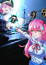  2girls :/ :d =_= aikawa_megumi black_hat black_ribbon blunt_bangs blush breasts bright_pupils bun_cover chibi chibi_inset closed_eyes closed_mouth commentary cowboy_shot double_bun drooling electricity electrokinesis eyes_visible_through_hair frown green_eyes hair_between_eyes hair_bun hair_ribbon hat heaven_burns_red highres index_finger_raised kunimi_tama large_breasts long_hair long_sleeves looking_at_viewer mouth_drool multiple_girls neck_ribbon open_mouth outstretched_arm peaked_cap photo_background pink_hair pointing red_ribbon ribbon sail_678 shirt skeleton sleeves_rolled_up smile sweatdrop two_side_up untranslatable_commentary white_pupils white_shirt 