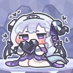  1girl black_horns blush_stickers chibi chibi_only commentary_request daya_(trickcal) dragon_girl full_body grey_hair heart holding holding_heart horns kneeling korean_commentary monyami outline solo tail tiara trickcal violet_eyes white_outline wings 
