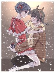  1boy 1girl black_hair blue_hair blush border box braid christmas closed_mouth cocoa_681 commentary_request dress english_text eye_contact fake_antlers from_side fur-trimmed_dress fur_trim gift grey_eyes hand_on_another's_back hetero highres holding holding_box holding_gift looking_at_another merry_christmas plaid_clothes ranma_1/2 santa_costume santa_dress saotome_ranma scarf short_hair single_braid sitting sitting_on_lap sitting_on_person smile snowing tendou_akane white_border winter_clothes yellow_scarf 