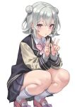  1girl :o akahara_tyun black_jacket black_skirt bow bowtie brown_sleeves cardigan cevio collared_shirt double-parted_bangs double_bun foot_out_of_frame footwear_bow grey_cardigan grey_hair hair_between_eyes hair_bun hair_ornament hairclip jacket koharu_rikka letterman_jacket long_sleeves pink_bow pink_bowtie pink_footwear pleated_skirt puffy_long_sleeves puffy_sleeves purple_bow purple_hair school_uniform shirt short_hair simple_background skirt socks solo squatting synthesizer_v white_background white_shirt white_socks 