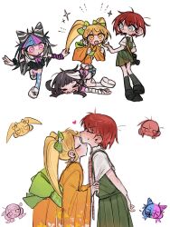  4girls :o black_hair blonde_hair blush bow cat_hair_ornament commentary_request danganronpa_(series) danganronpa_2:_goodbye_despair dress green_bow green_dress hair_bow hair_horns hair_ornament heart highres japanese_clothes kimono koizumi_mahiru long_sleeves mioda_ibuki multiple_girls orange_eyes orange_kimono pink_eyes red_hair saionji_hiyoko short_hair siiaka023 simple_background smile thigh-highs torn_clothes torn_thighhighs tsumiki_mikan twintails white_background white_hair wide_sleeves yuri 