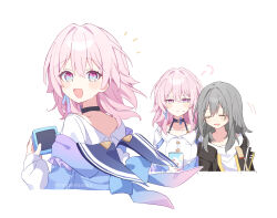  2girls :d =_= black_choker black_jacket blue_eyes blue_jacket camera cellphone choker closed_eyes commentary_request drooling grey_hair hair_intakes highres holding holding_camera holding_phone honkai:_star_rail honkai_(series) jacket long_sleeves looking_at_viewer march_7th_(honkai:_star_rail) march_7th_(preservation)_(honkai:_star_rail) mouth_drool multicolored_eyes multiple_girls multiple_views notice_lines open_mouth phone pink_hair puff_of_air shirt short_hair simple_background sleeping small_sweatdrop smartphone smile stelle_(honkai:_star_rail) trailblazer_(honkai:_star_rail) two-tone_eyes upper_body uwasewau violet_eyes white_background white_shirt 