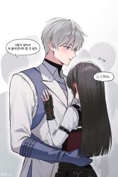  1boy 1girl black_hair blue_eyes blush collared_shirt commentary ear_blush fingernails gloves grey_hair hair_between_eyes hand_on_another's_back hand_on_another's_chest hand_up highres korean_text lapels long_hair long_sleeves love_and_deepspace mitti_(306_613_) parted_lips protagonist_(love_and_deepspace) shirt short_hair speech_bubble translation_request untranslatable_commentary upper_body wing_collar xavier_(love_and_deepspace) 