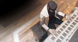  1boy ayin_(project_moon) belt black_hair black_pants black_shirt brown_belt coat collared_shirt from_above highres instrument lapels layered_sleeves lobotomy_corporation long_coat looking_down male_focus music notched_lapels open_clothes open_coat pants piano_bench playing_instrument playing_piano project_moon shirt short_hair sitting solo white_coat zhang2011han 
