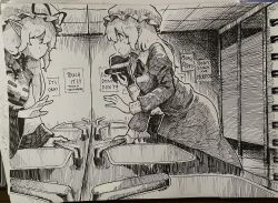  3girls breasts closed_mouth different_reflection dress english_text hat hat_ribbon highres long_hair long_sleeves looking_at_mirror looking_at_reflection maribel_hearn medium_breasts mirror mob_cap multiple_girls photo_(medium) pointy_ears public_restroom reflection ribbon shirt sink smile suteruko sweatdrop tabard touhou traditional_media usami_renko wide_sleeves yakumo_yukari 