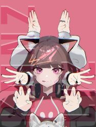  3girls :q absurdres animal_ear_fluff animal_ears black_nails brown_hair cat_ears cat_girl character_name character_request check_character claw_pose copyright_name hands_up headphones headphones_around_neck highres hood hoodie jewelry kmnz lita_(kmnz) liz_(kmnz) medium_hair multiple_girls multiple_rings nail_polish nero_(kmnz) pink_background pink_eyes pink_hoodie red_nails ring simple_background solo_focus takuotsu_(yamataku110203) tongue tongue_out virtual_youtuber watermark 