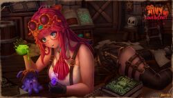 1girl absurdres aivy_lovencraft bad_source book craftito fanart goggles goggles_on_head green_eyes indie_virtual_youtuber long_hair monocle open_book open_mouth pink_hair potion sikozysdark skull smile virtual_youtuber vtuber vtuberfanart