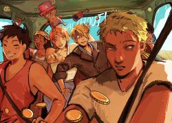  2girls 5boys antlers black_suit blue_shirt blue_sky blunt_bangs bottle car_interior coin commentary cross curly_eyebrows earrings english_commentary green_eyes green_hair hat highres horns jewelry long_nose looking_to_the_side monkey_d._luffy multiple_boys multiple_girls nami_(one_piece) nico_robin one_piece orange_eyes orange_hair orange_nails panicking parted_lips pink_hat prudle red_shirt reindeer_antlers roronoa_zoro sanji_(one_piece) scar scar_on_face shirt sitting sky smile straw_hat_pirates striped_clothes striped_shirt suit sweatdrop t-shirt tony_tony_chopper usopp vertical-striped_clothes vertical-striped_shirt white_shirt 