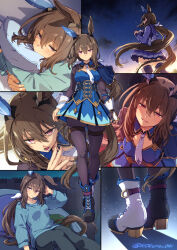  1girl admire_vega_(casual)_(umamusume) admire_vega_(starry_nocturne)_(umamusume) admire_vega_(umamusume) admire_vega_(umamusume)_(cosplay) animal_ears asymmetrical_footwear black_boots black_pants blue_dress blue_sweater boots breasts brown_hair closed_mouth commentary_request cosplay dress full_body hair_between_eyes horse_ears horse_girl horse_tail hugging_object long_hair long_sleeves looking_at_viewer low_ponytail mismatched_footwear multiple_views necktie open_mouth pants pillow pillow_hug ponytail red_eyes skindentation smile standing star_(symbol) starheart sweater tail thigh_strap umamusume walking white_boots white_necktie 